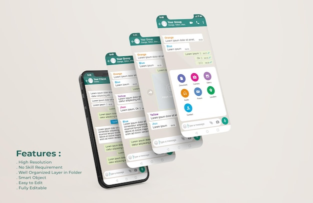 Download Premium PSD | Whatsapp interface template on mobile phone and ui ux app presentation mockup