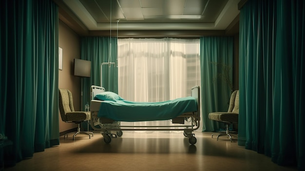 Free PSD wheeled bed behind privacy curtains in a medical clinic generative ai