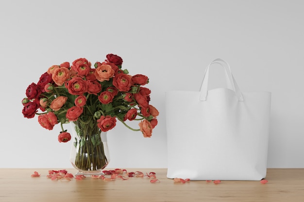 흰색 가방과 꽃병에 꽃