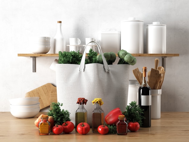 White bag with ingredients in the kitchen