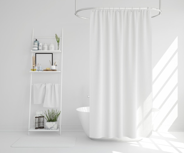 white bathtub with curtain and shelf