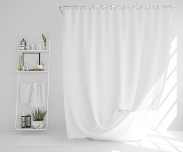 white bathtub with curtain and shelf