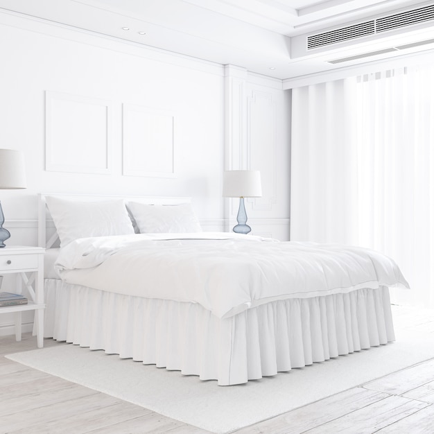 装飾的な要素を持つ白い寝室のモックアップ