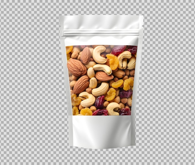 White blank glossy pouch with fruit amp nut mix isolated on background