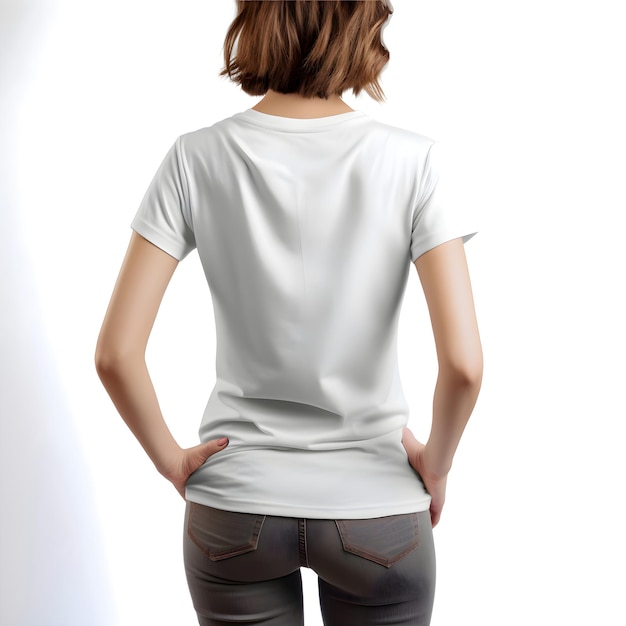 White blank t shirt template on female body back view