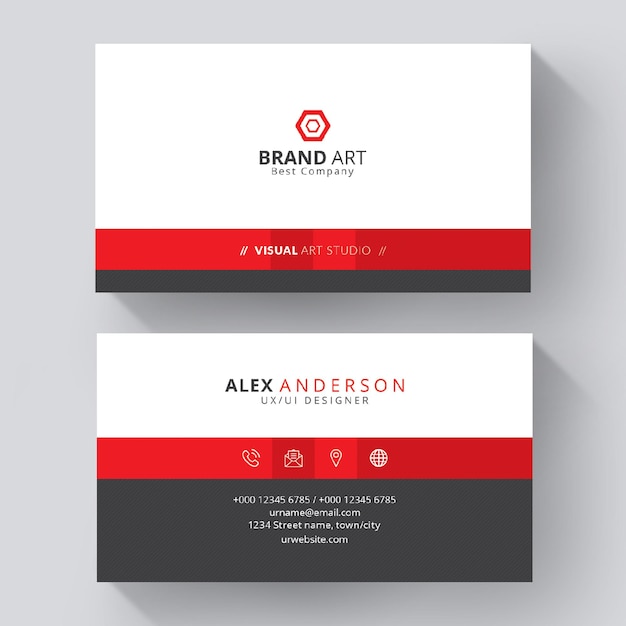 White business card with red details