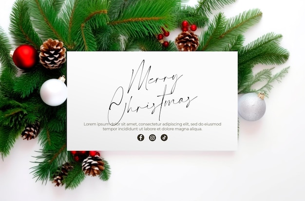 PSD gratuito banner bianco con testo su sfondo decorativo con palline di natale