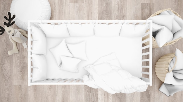 Белая кроватка в очаровательной детской комнате, вид сверху