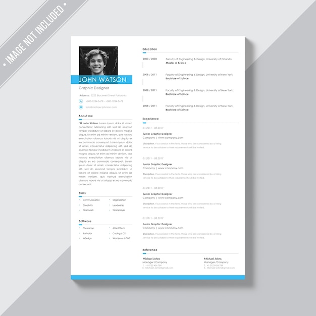 Free PSD white cv template with blue details