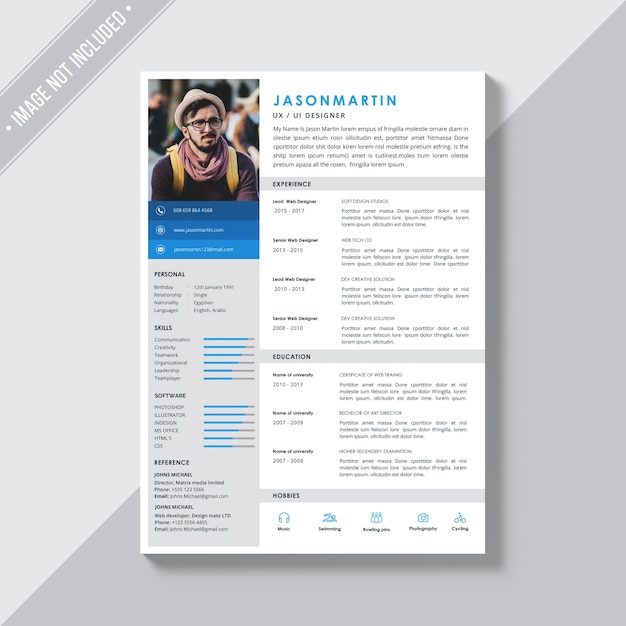 White cv template with blue and grey details