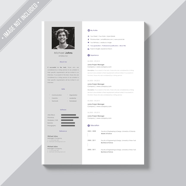 Free PSD white cv template with silver details