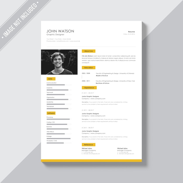 Free PSD white cv template with yellow details