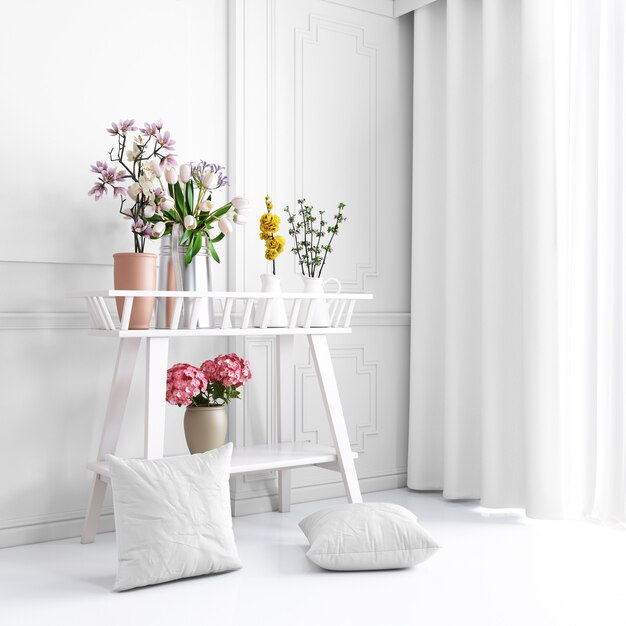 Белая декоративная мебель с красивыми растениями и наволочками макет