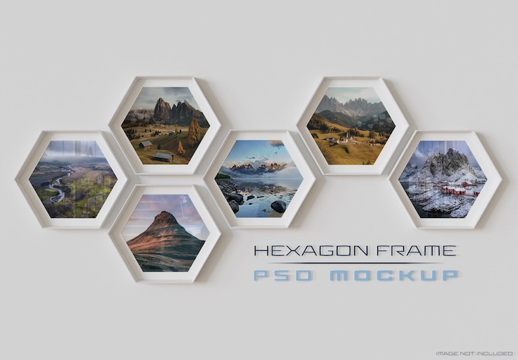  White hexagon photo frames hanging on wall mockup Premium Psd