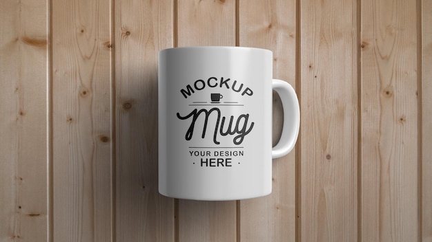 White mug on wooden surface mockup