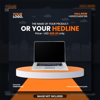 White and orange colored electronic product showcase podium social media web template