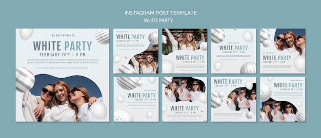 White party instagram posts collection with balloons and spheres
