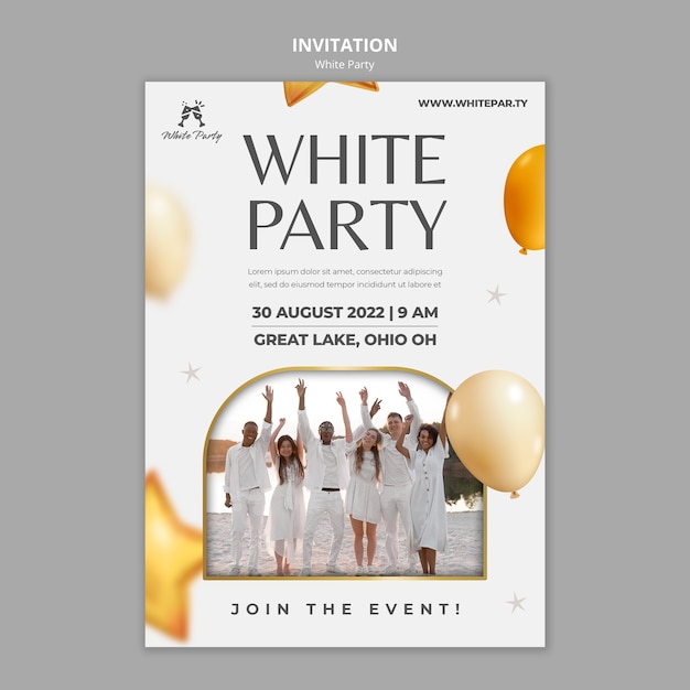 Free PSD white party invitation template with balloons