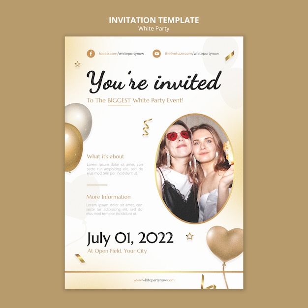 Free PSD white party invitation template with balloons