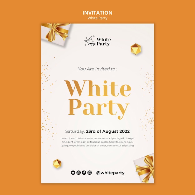 White party invitation template with golden gift and ribbon