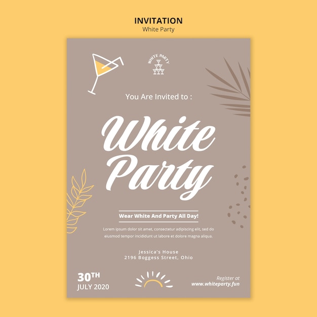 Free PSD white party invitation with leaves