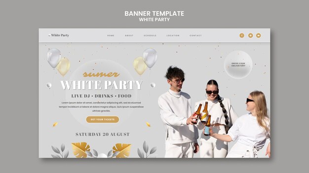 White party landing page template with balloons and leaves