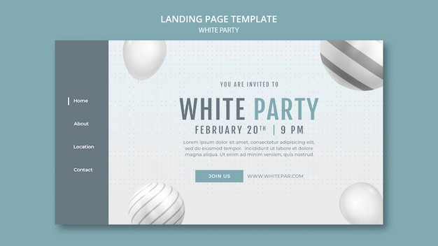 Free PSD white party landing page template with balloons and spheres