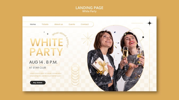 Free PSD white party landing page template with golden design