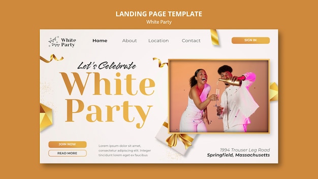 Modello di pagina di destinazione della festa bianca con regalo dorato e nastro