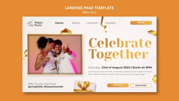 White party landing page template with golden gift and ribbon