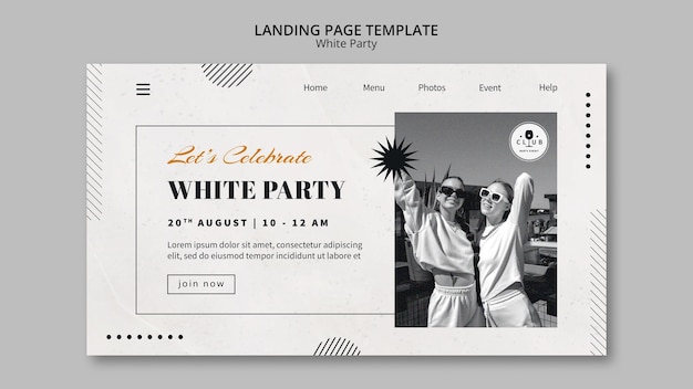 Бесплатный PSD Шаблон целевой страницы белой вечеринки с монохромным дизайном