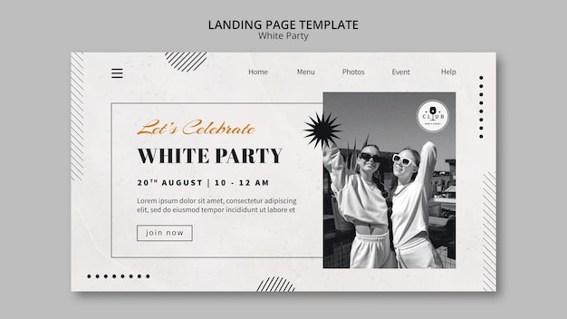 PSD gratuito modello di pagina di destinazione per feste bianche con design monocromatico