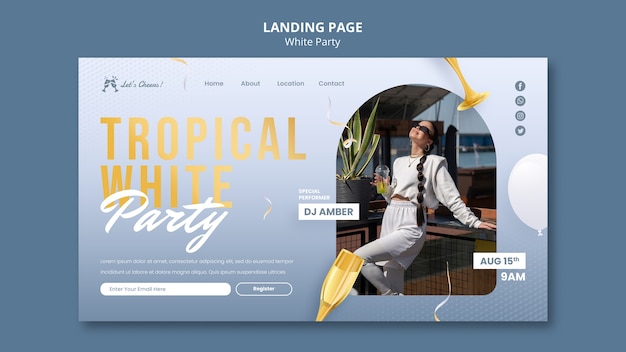 無料PSD ガラスの白いパーティーのランディングページ