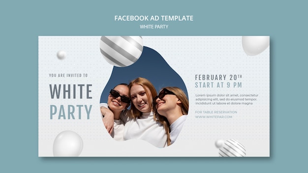 Free PSD white party social media promo template with balloons and spheres