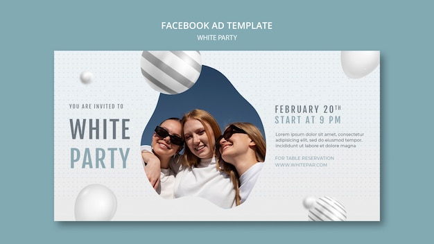 Рекламный шаблон белой вечеринки в социальных сетях с воздушными шарами и сферами