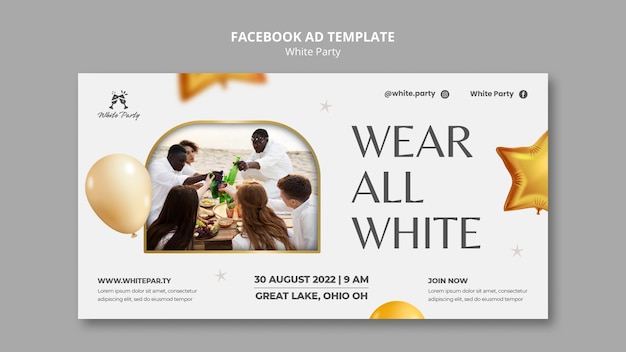 White party social media promo template with balloons