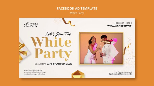 White party social media promo template with golden gift and ribbon