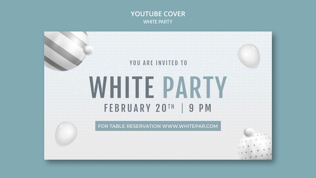 White party youtube cover template with balloons and spheres