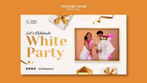 Free PSD white party youtube cover template with golden gift and ribbon