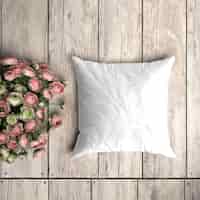 無料PSD 花飾り付きの木の板に白い枕カバーモックアップ