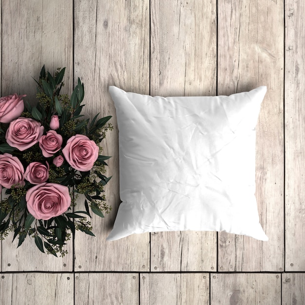 White pillowcase mockup on a wooden plank with decorative roses