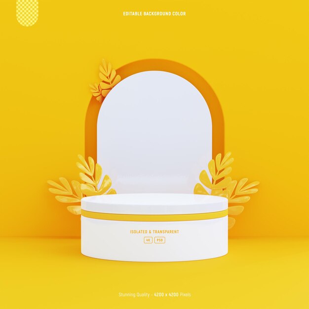 White Podium mockup for product presentation decorated with flat color leaves 3D Rendering