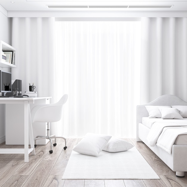 免费PSD白色的房间,书桌和床模型