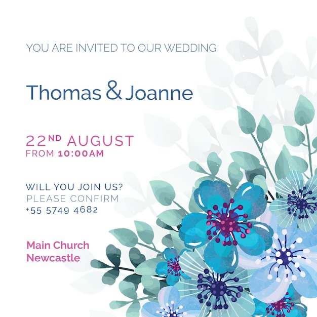 Free PSD white wedding invitation with blue painted flowers