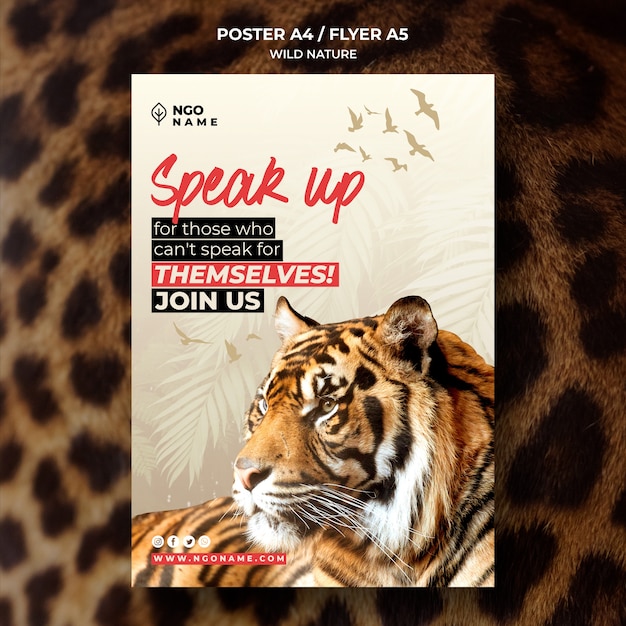 Wild nature flyer template with picture of tiger