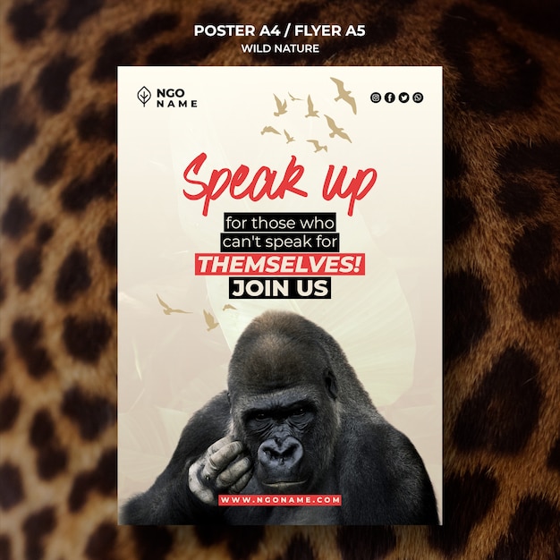 PSD gratuito modello di poster di natura selvaggia con foto di gorilla