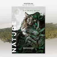 Бесплатный PSD Плакат дикой природы тигра и листьев