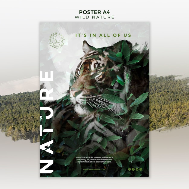 Free PSD wild nature tiger and leaves poster