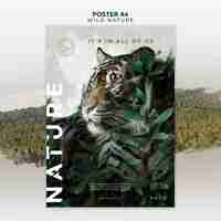 Free PSD wild nature tiger and leaves poster