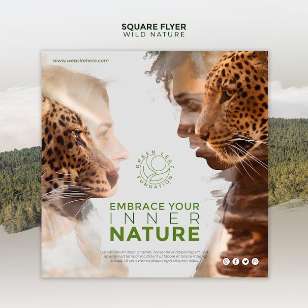 Free PSD wild nature women and men with tigers square flyer